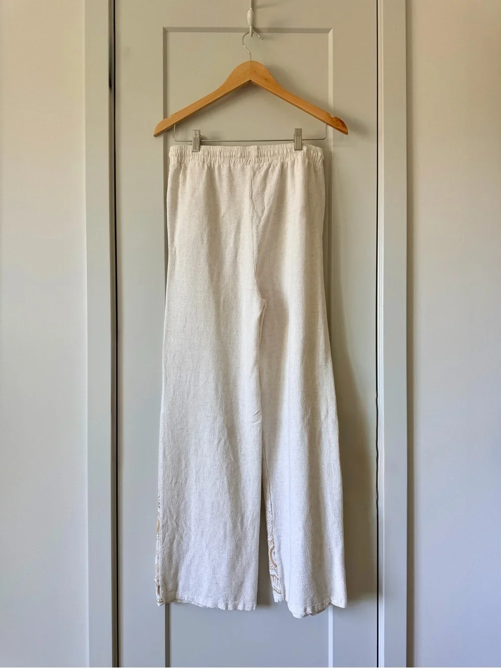 ComfyLuxe Linen Cotton Embroidered Wide Leg Pants Boho Drawstring Pockets M/L